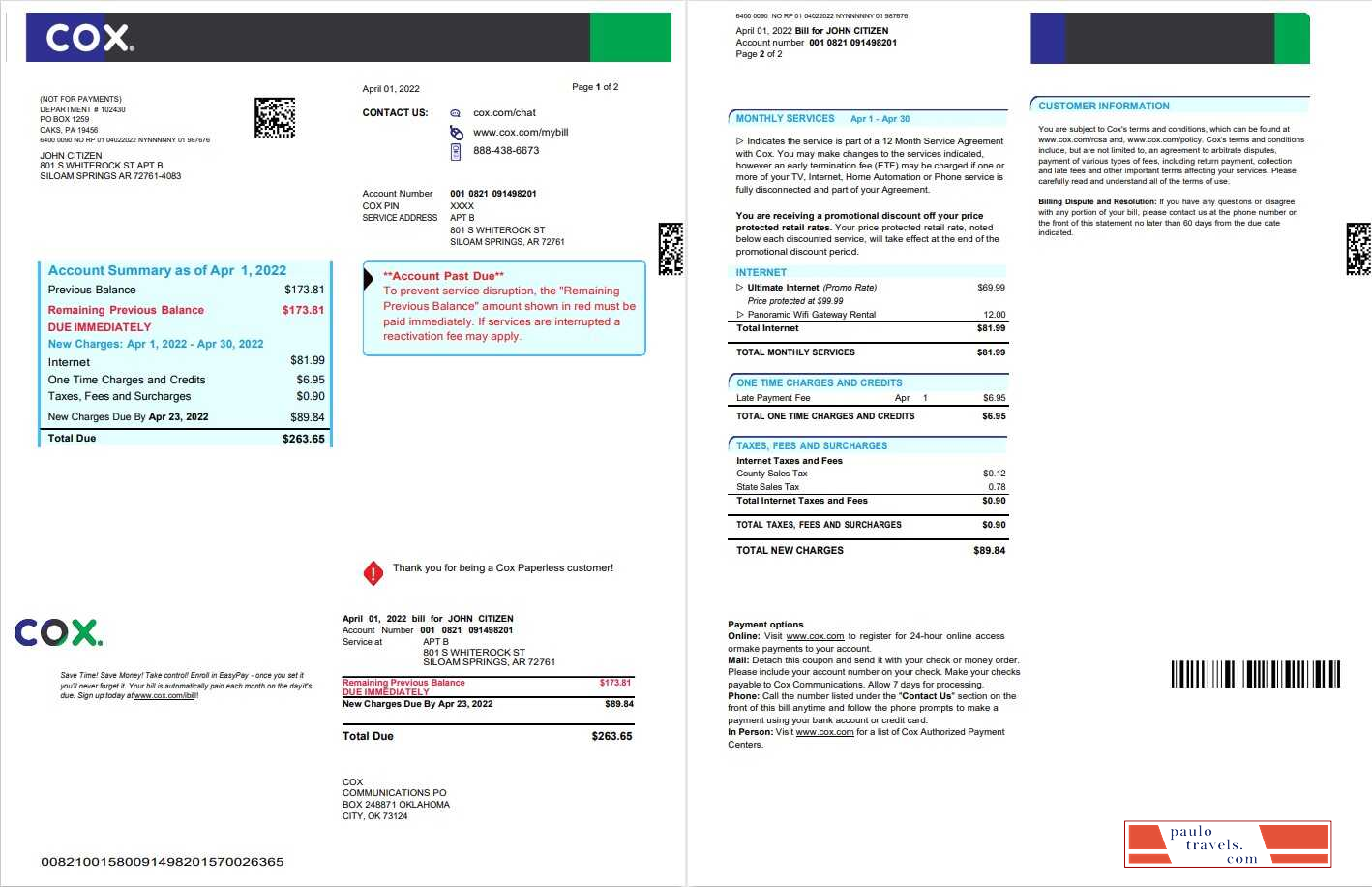 USA COX digital cable television utility bill, Word and PDF template, 2 pages